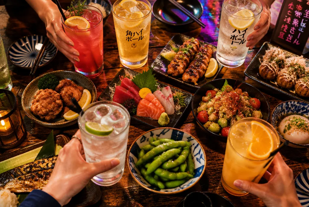 色とりどりのドリンクと料理が並ぶ賑やかな居酒屋のテーブル